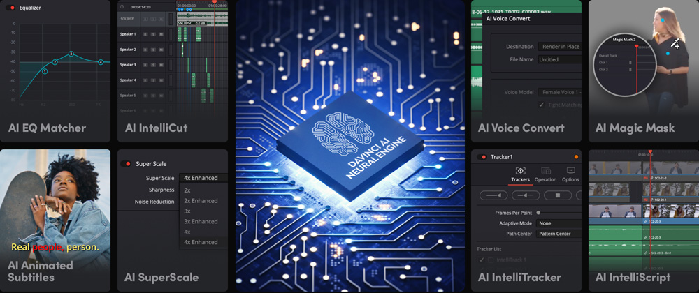 DaVinci AI Neural Engine with AI EQ Matcher, IntelliCut, Animated Subtitles, SuperScale, Voice Convert, Magic Mask, IntelliTracker, and IntelliScript